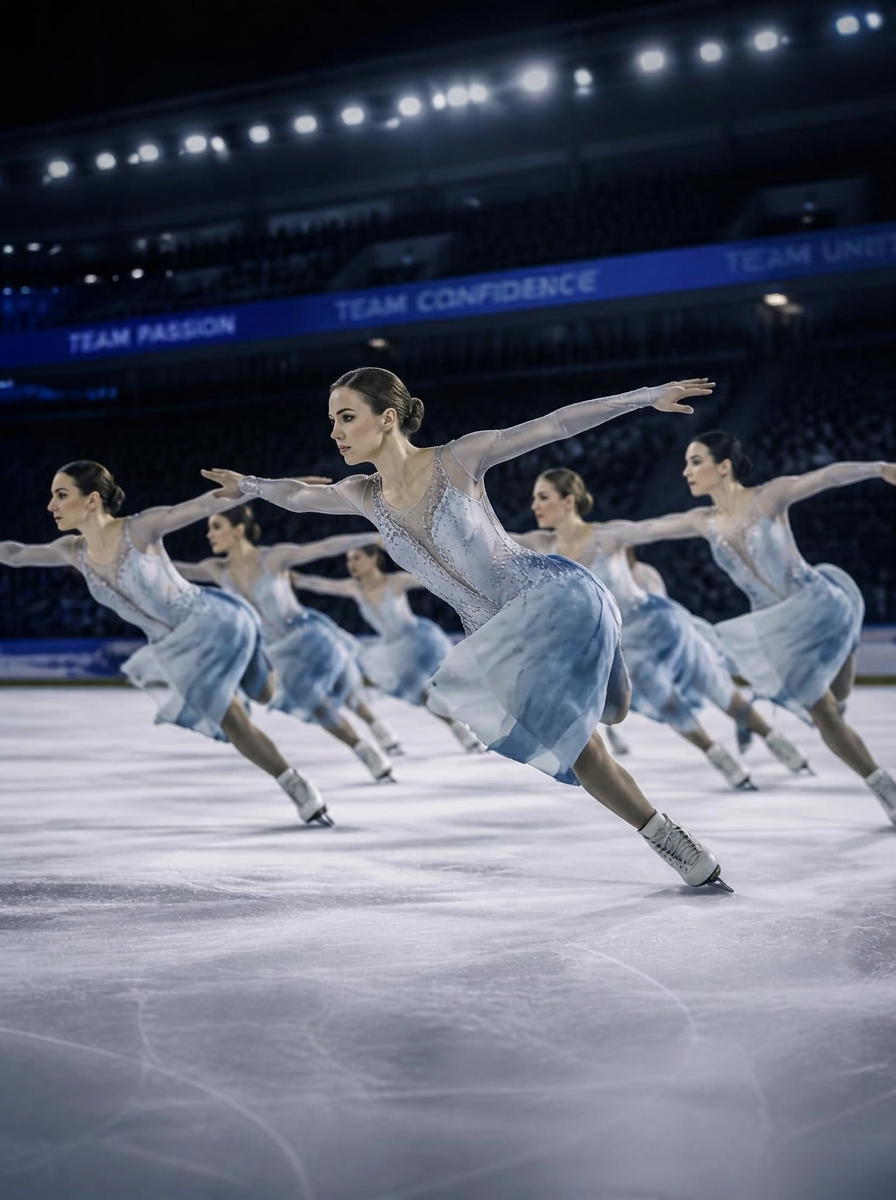 Synchronized skating team holding a line element on the ice